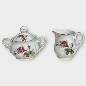 VTG Fred Roberts Company China Moss Rose Sugar Bowl + Lid Creamer Set Japan‎